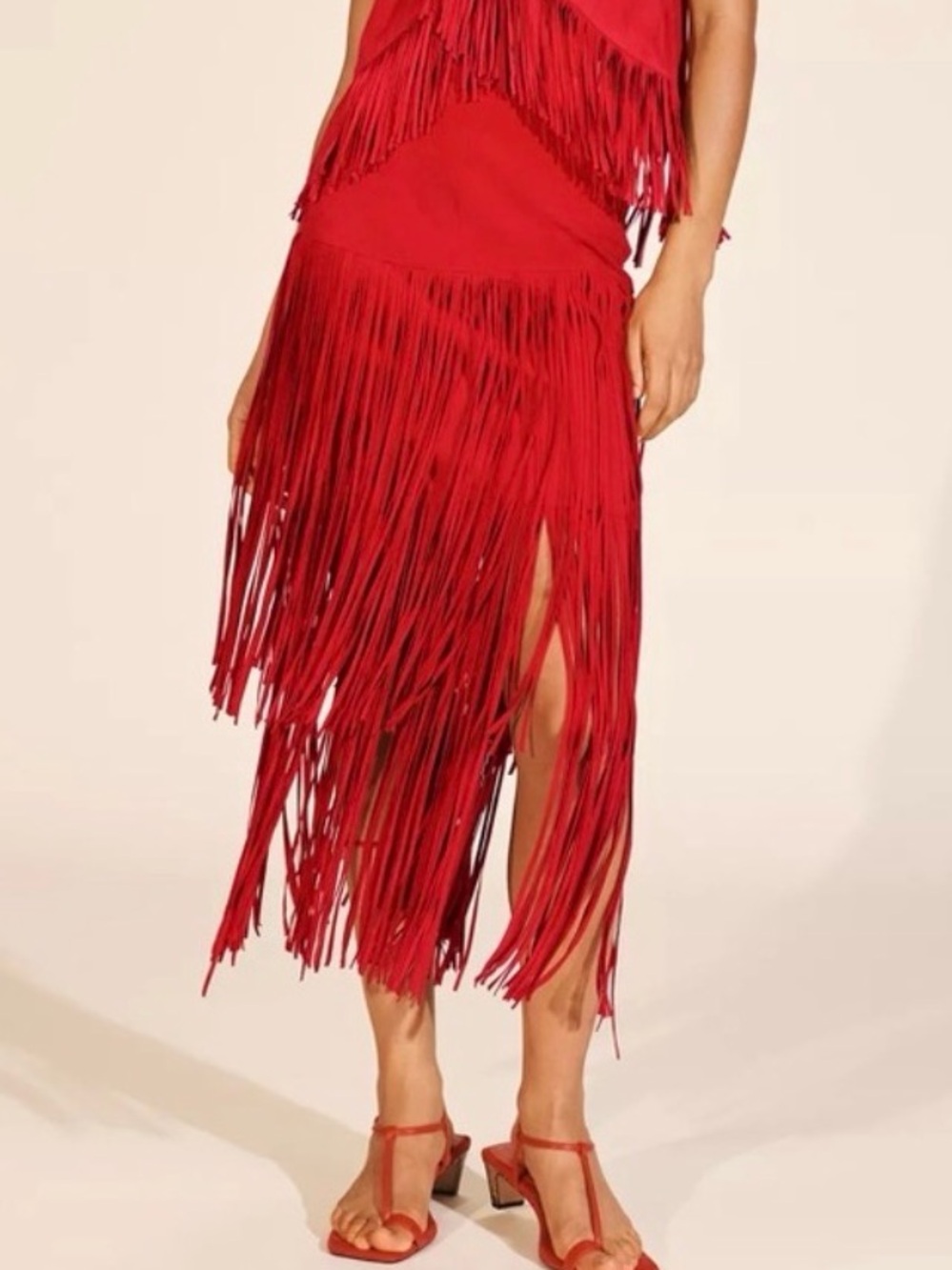 Zara Suede Red Fringe Midi Skirt